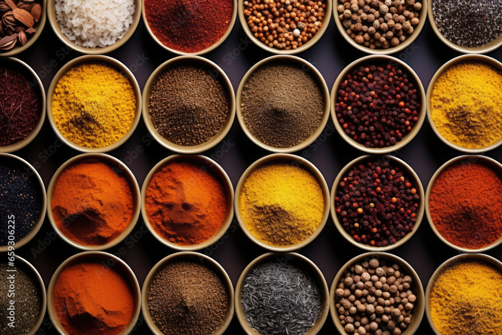 Spices, seasonings background, top view flat lay
