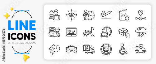 Plane, Food delivery and Bicycle helmet line icons set for app include Disability, Hold box, Diesel canister outline thin icon. Parcel delivery, Taxi, Gps pictogram icon. Charging time. Vector