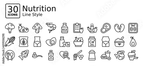Nutrition icons in outline style. Collection of Nutrition icons for web design, app, and modern projects. Simple vector editable stroke, easy to use	