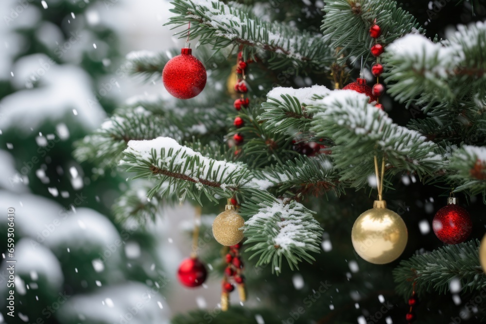 snow winter festive greeting season with pine tree decorate with xmas ball and light element christmas background ideas concept snow winter festive greeting season with pine tree decorate with xmas ball and light element christmas background ideas concept
