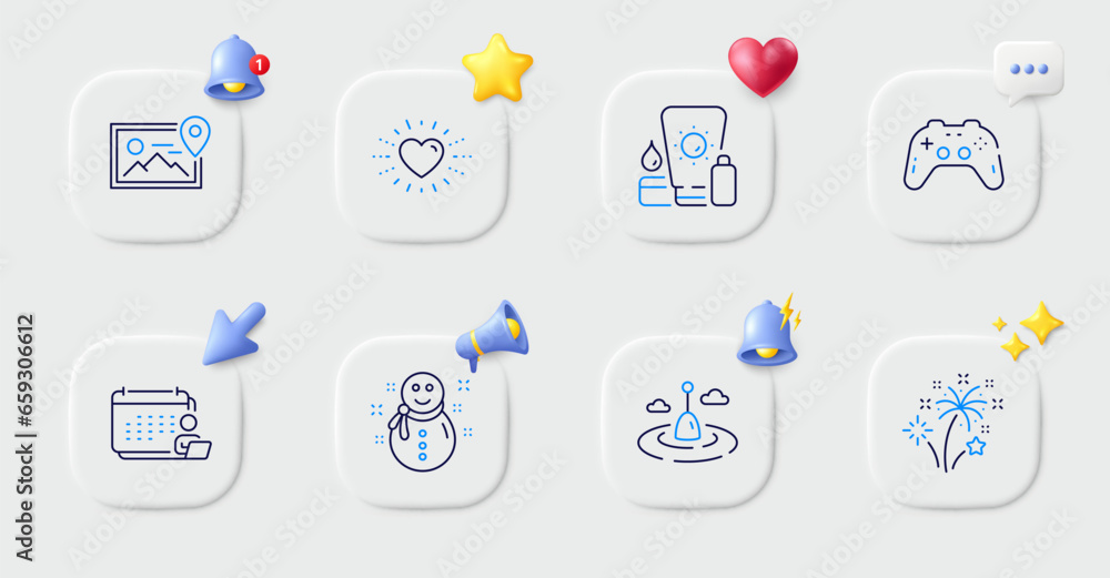 Fishing float, Fireworks and Accounting line icons. Buttons with 3d bell, chat speech, cursor. Pack of Sunscreen, Heart, Photo location icon. Snowman, Gamepad pictogram. For web app, printing. Vector Fishing float, Fireworks and Accounting line icons. Buttons with 3d bell, chat speech, cursor. Pack of Sunscreen, Heart, Photo location icon. Snowman, Gamepad pictogram. For web app, printing. Vector