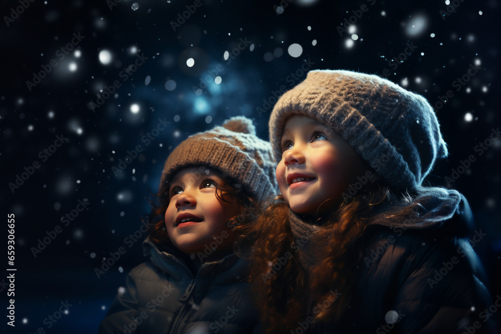 cute little kids in winter outfit fascinated looking at snowfall. Winter lifestyle, first snow. cute little kids in winter outfit fascinated looking at snowfall. Winter lifestyle, first snow.