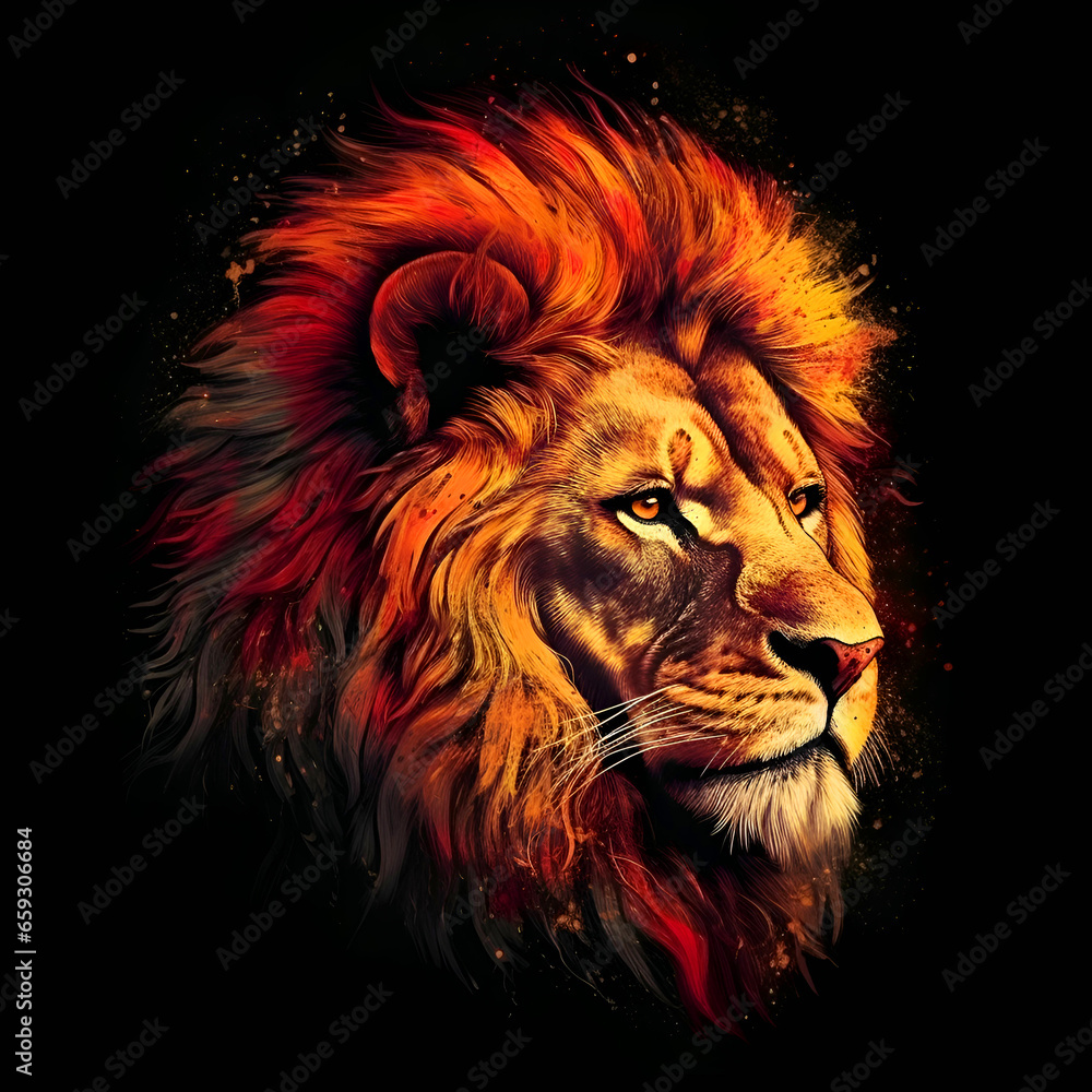 Lion head with color splashes on black background- digital illustration
