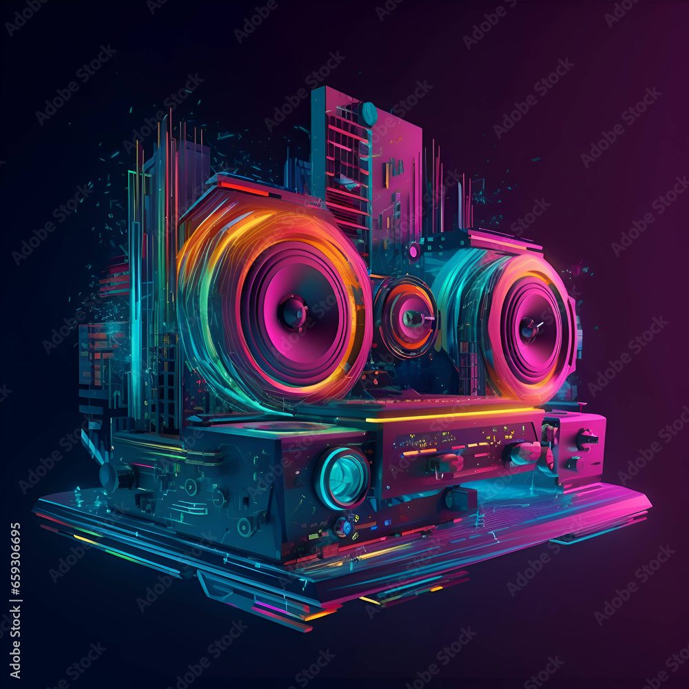 3d illustration of a modern DJ mixer in neon light. 3d rendering