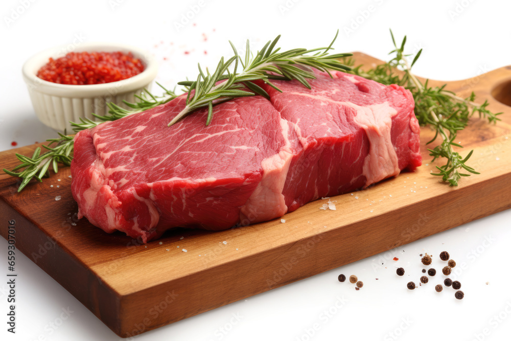 Raw beef on wooden cutting board on white background Raw beef on wooden cutting board on white background