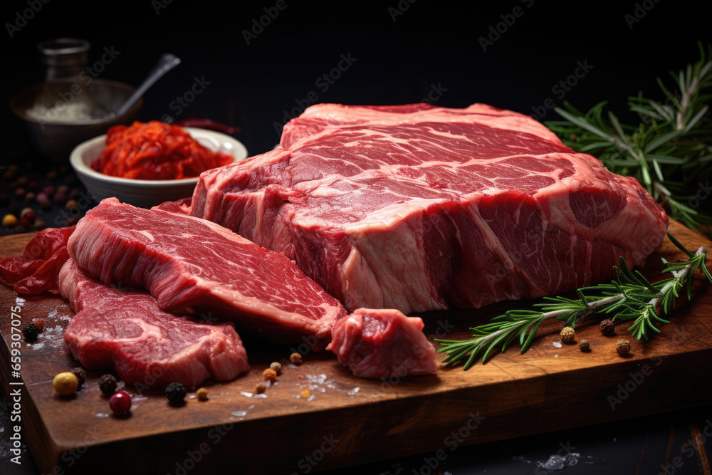 Raw beef on wooden cutting board on a dark table