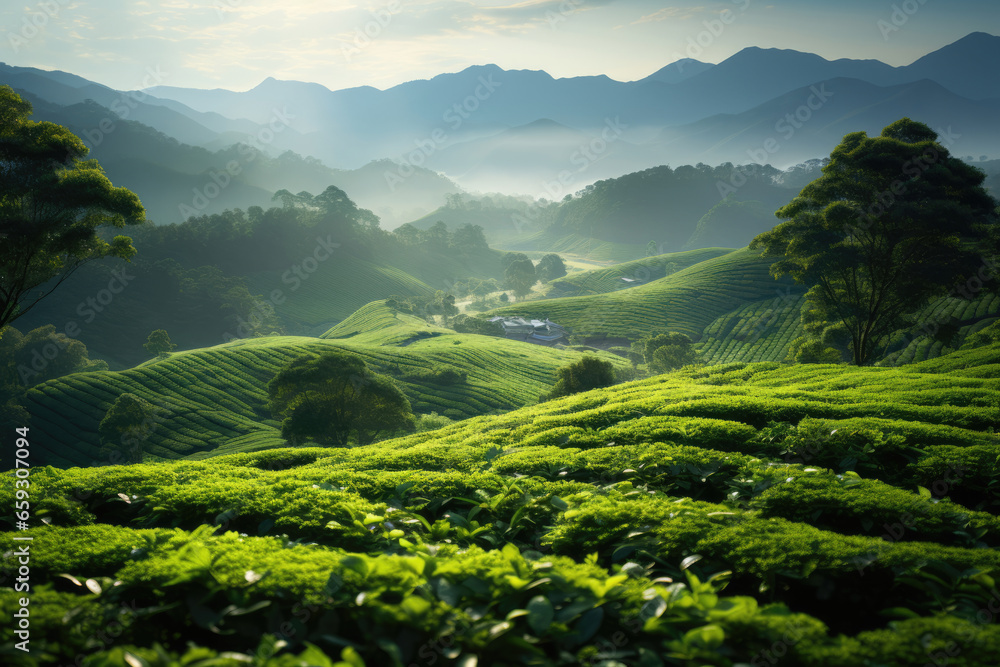 tea farm field plantation landscape in a mountain valley