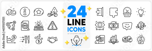 Icons set of Last minute, Chemistry lab and Seo file line icons pack for app with Typewriter, Medical tablet, Puzzle thin outline icon. Bike attention, Teamwork chart, Teamwork pictogram. Vector