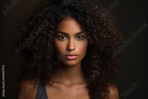 Front view female portrait, young pretty African American woman model with curly hairstyle looking at camera