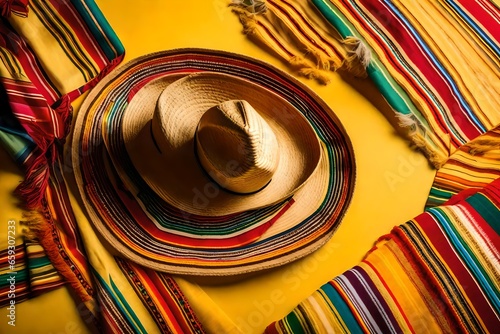 A photorealistic 3D rendering of a top view photo of sombrero hats and colorful striped serape on an isolated vivid yellow background with copy space.