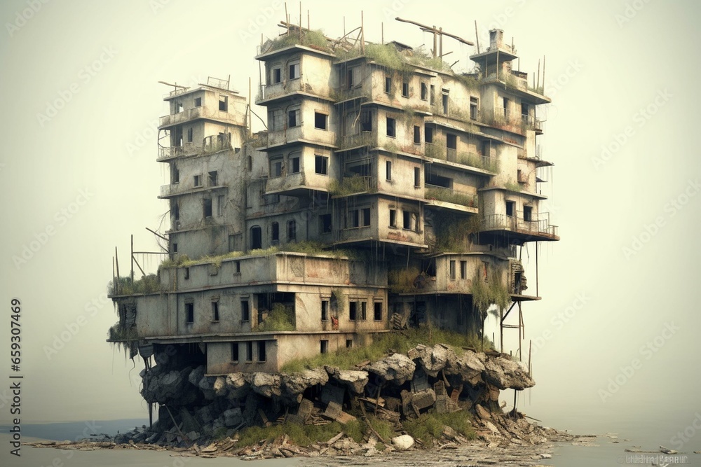 Decayed urban structure standing alone, depicted in 3D artwork. Generative AI