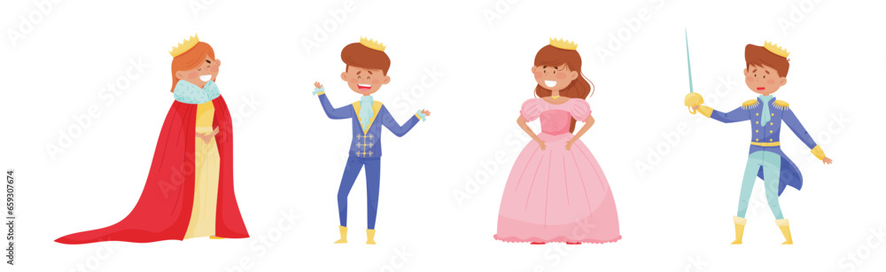 Cute Little Boys and Girl Prince and Princess in Gown with Crown Vector Set Cute Little Boys and Girl Prince and Princess in Gown with Crown Vector Set
