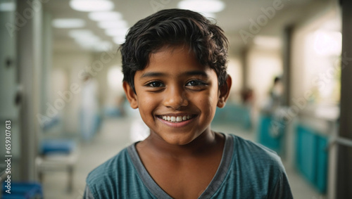 Bellissimo bambino sorridente di origini indiane in un ospedale nel reparto di pediatria photo