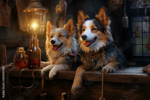 Two adorable canines enjoy beverages together inside a tavern. Generative AI © William