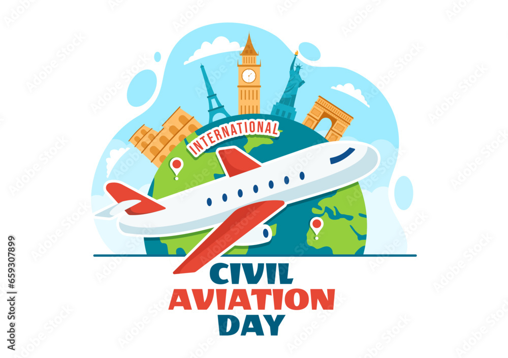 International Civil Aviation Day Vector Illustration on 7 December with Plane and Sky Blue View for Appreciate in Flat Cartoon Background Design