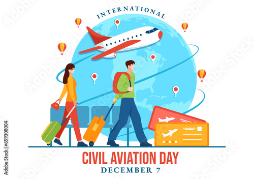 International Civil Aviation Day Vector Illustration on 7 December with Plane and Sky Blue View for Appreciate in Flat Cartoon Background Design