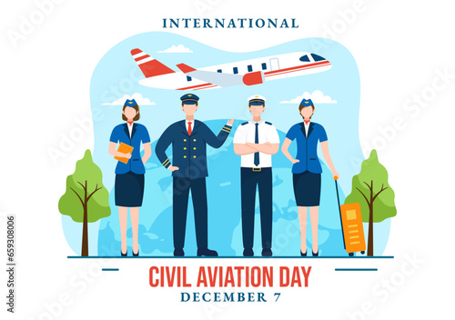 International Civil Aviation Day Vector Illustration on 7 December with Plane and Sky Blue View for Appreciate in Flat Cartoon Background Design