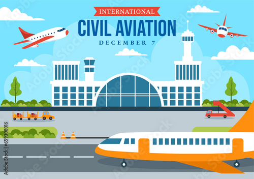 International Civil Aviation Day Vector Illustration on 7 December with Plane and Sky Blue View for Appreciate in Flat Cartoon Background Design