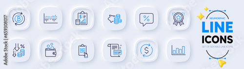 Report, Dollar exchange and Piggy bank line icons for web app. Pack of Deflation, Column diagram, Refresh bitcoin pictogram icons. Payment card, Wallet money, Loyalty award signs. Vector