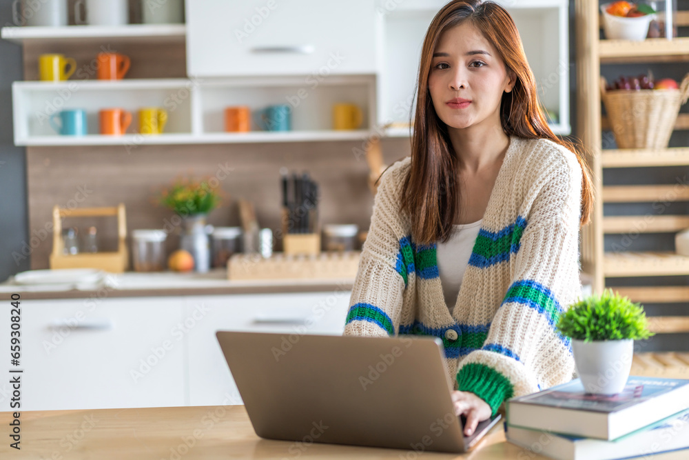 Portrait of asian woman use laptop work digital online marketing internet advertising and sales business technology concept, online marketing, E-business, Ecommerce, Business online at home