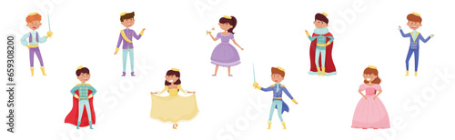 Cute Little Boys and Girl Prince and Princess in Gown with Crown Vector Set