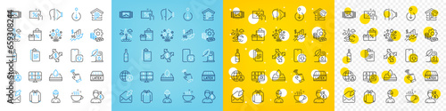 Vector icons set of Discount coupon, Clipboard and Latex mattress line icons pack for web with International recruitment, Fireworks stars, Image carousel outline icon. Foreman. Vector