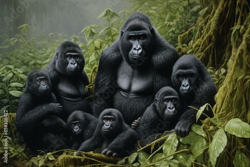 Family of mountain gorillas. Generative AI © Jeff