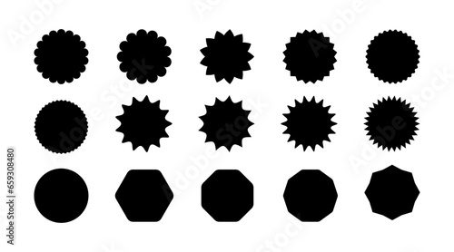 Callout star sticker. Starburst price badge sticker. Promo tag icon with scalloped edge. Wavy sale circles and ellipse seal stamps. Vector illustration isolated on white background.