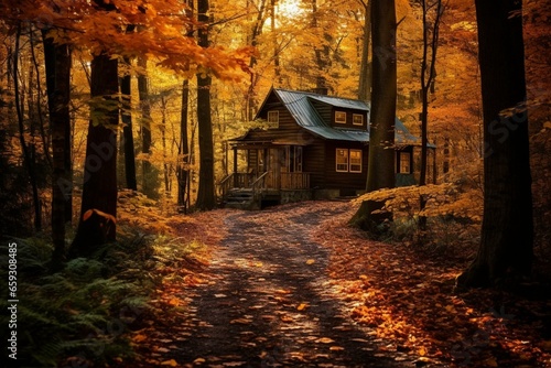 Warm cabin in autumn woods. Generative AI