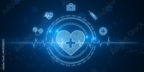 Creative glowing bright medical heart interface on blurry blue background. Innovation and cardiology concept. 3D Rendering.