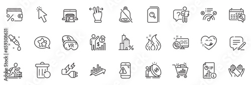 Icons pack as Inflation, Correct answer and Savings tax line icons for app include Vr, Warning message, Growth chart outline thin icon web set. Mortgage, Electricity plug. Vector