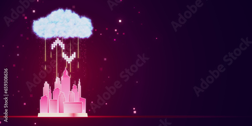 Cloud computing concept. Smart city wireless internet communication with cloud storage, cloud services. Download, upload data on server. Hologram on purple background with mock up place. 3D Rendering.