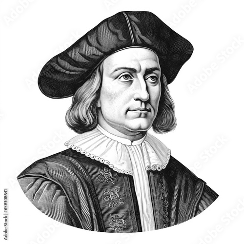 Black and white vintage engraving, headshot portrait of the navigator Christopher Columbus, white background, greyscale - Generative AI