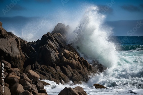 Dangerous wave crashing on seashore rocks. Generative AI