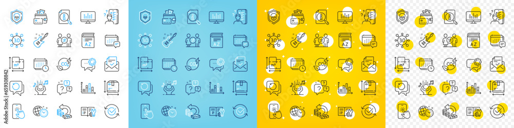 Vector icons set of Approved mail, Diagram graph and Vocabulary line icons pack for web with Music making, Search, Question bubbles outline icon. Approved, Noise, Cyber attack pictogram. Vector Vector icons set of Approved mail, Diagram graph and Vocabulary line icons pack for web with Music making, Search, Question bubbles outline icon. Approved, Noise, Cyber attack pictogram. Vector
