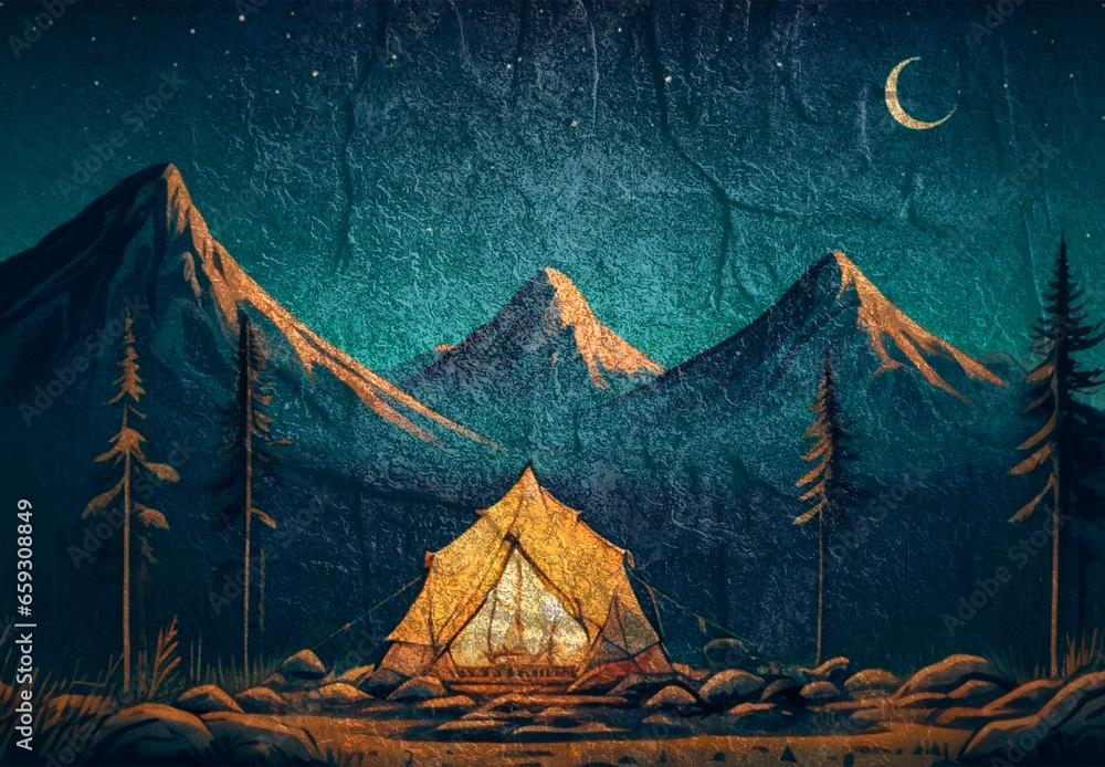 Night summer camping in the rocky mountains and forest. Concept of tourism. Grunge concrete texture Night summer camping in the rocky mountains and forest. Concept of tourism. Grunge concrete texture