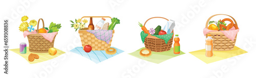 Lunch Hamper or Picnic Wicker Basket with Food Vector Set