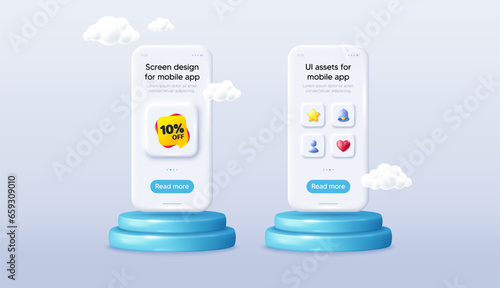 Sale 10 percent off banner. Phone mockup on podium. Product offer 3d pedestal. Discount sticker shape. Coupon bubble icon. Background with 3d clouds. Sale 10 percent promotion message. Vector