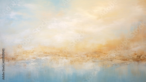 Light abstract landscape background. Gold, beige, blue and white colors. Painted art backdrop for banner, montage, overlay, collage or print. AI generative illustration.