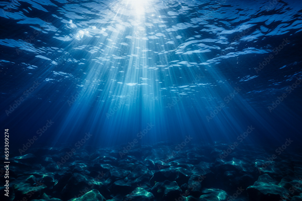 Underwater ocean scene with rays of light, sun beams. Clear blue water, sea background. Seabed without life, only rocks. World water day, raise awareness for worldwide problems concerning water. Underwater ocean scene with rays of light, sun beams. Clear blue water, sea background. Seabed without life, only rocks. World water day, raise awareness for worldwide problems concerning water.