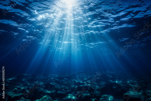 Underwater ocean scene with rays of light, sun beams. Clear blue water, sea background. Seabed without life, only rocks. World water day, raise awareness for worldwide problems concerning water.