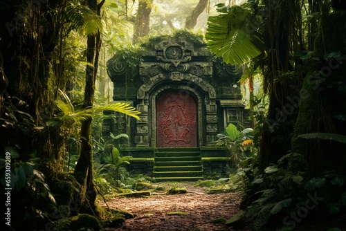 entrance to other realm amidst lush rainforest. Generative AI