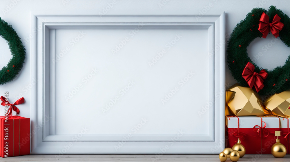 Fototapeta premium 3D render of a white frame with christmas ornaments and gift boxes.