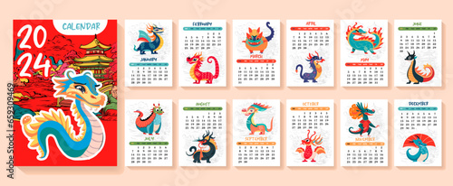 Dragon, white dragon calendar or A4 planner for 2024 with cartoon chinese simbol, New Year symbol, cute hieroglyphs - cover and 12 monthly pages. Week starts on Sunday, vector printable template. photo