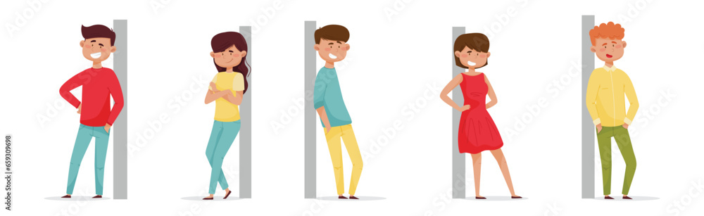 Cheerful People Characters Leaned Against the Wall Vector Set