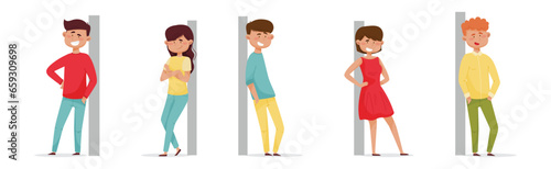 Cheerful People Characters Leaned Against the Wall Vector Set
