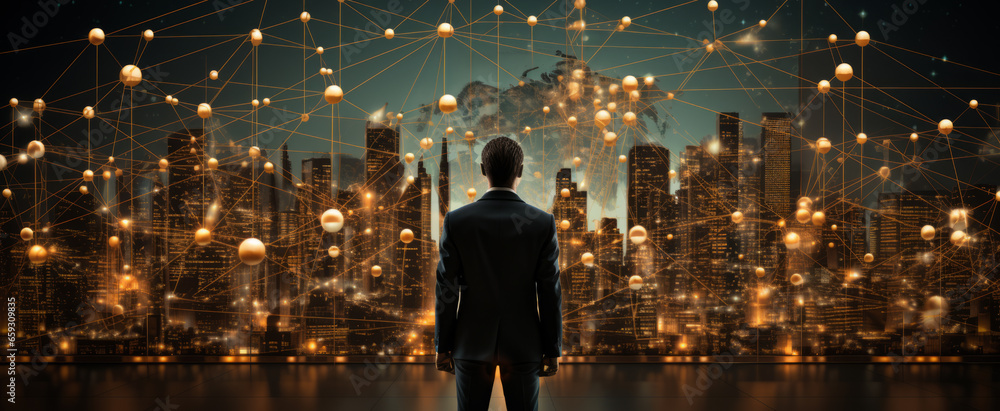 Business Man back with dark color suit looking his network of golden spheres in front of a night skyscrappers city view - AI generated Business Man back with dark color suit looking his network of golden spheres in front of a night skyscrappers city view - AI generated