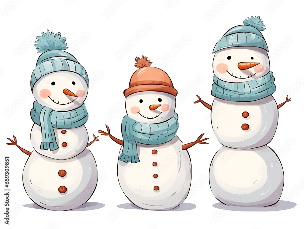 Cartoon set of cute snow mans with hats and scarf, on white background Cartoon set of cute snow mans with hats and scarf, on white background