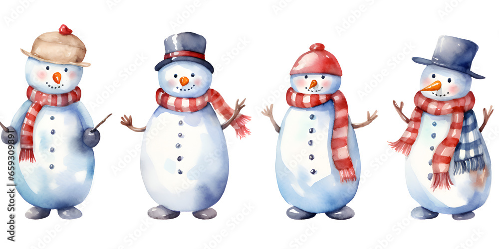 Watercolor set of cute snow mans with hats and scarf, on white background