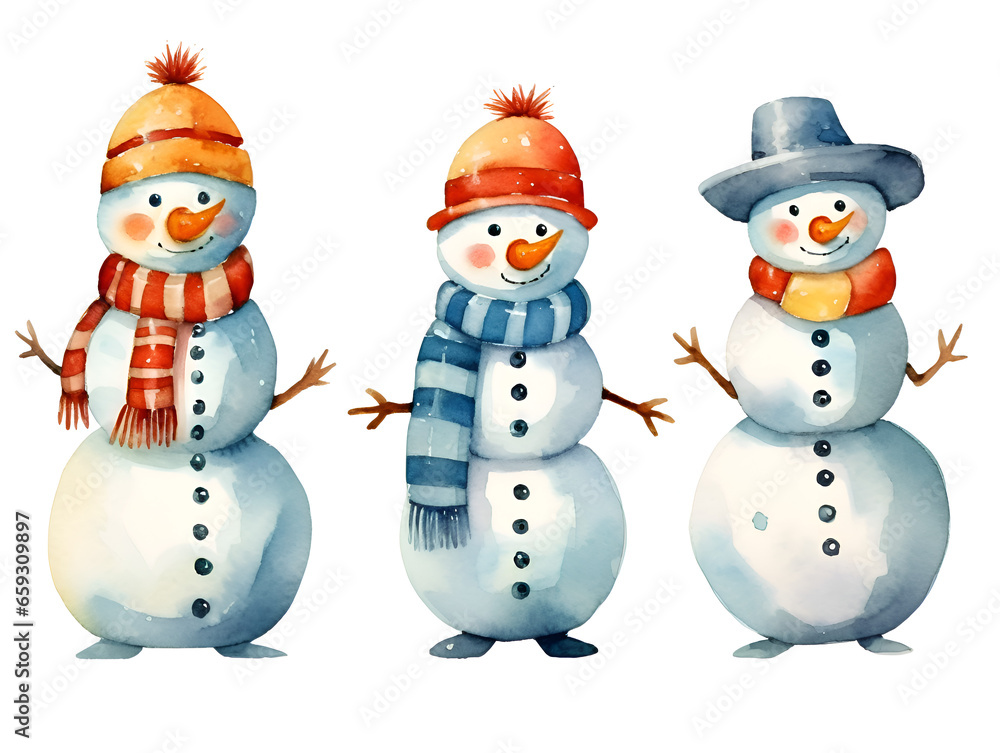 Watercolor set of cute snow mans with hats and scarf, on white background Watercolor set of cute snow mans with hats and scarf, on white background